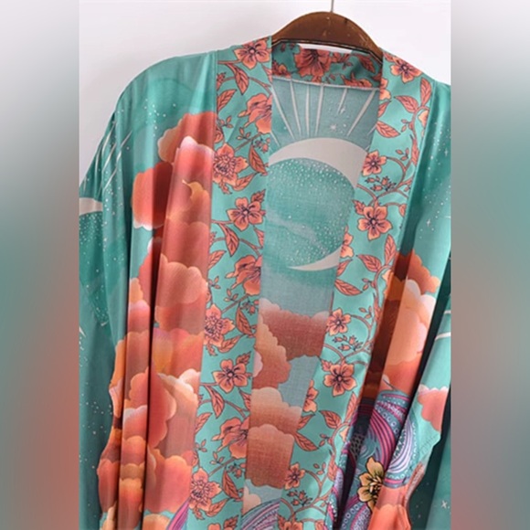 Teal Stargazer Kimono Short Robe Lightweight Cover Up Festival Beach Layer Boho - Picture 7 of 16